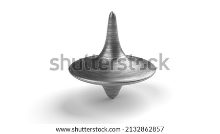 Spinning top isolated on white made of steel, can be used to represent rotation, a dream, or a child toy