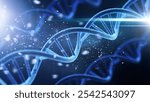 Spiral DNA double helix structure on blue background.