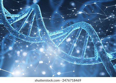 Spiral DNA double helix structure on blue background.