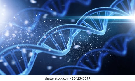 Spiral DNA double helix structure on blue background.