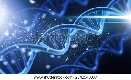 Spiral DNA double helix structure on blue background.