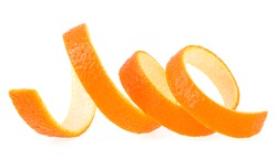 Spiral Form Of Orange Skin Isolated On A White Background. Orange Zest.