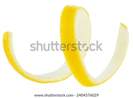Spiral lemon peel isolated on a white background. Fresh lemon twist.