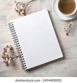 Spiral notebook mockup, blank note journal, tea cup on wooden background, boho style - Powered by Shutterstock