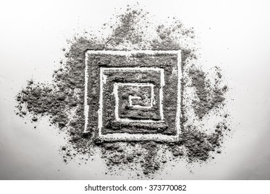 Spiral rectangular shape drawing made in ash on a white background