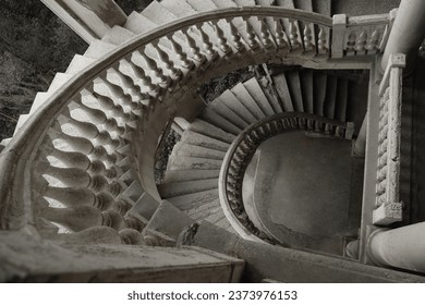 spiral round stairs stairway railing empire style window concrete. round Staircase. Time vortex. abandoned soviet sanatorium. Tskaltubo Georgia. - Powered by Shutterstock