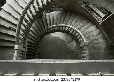 spiral round stairs stairway railing empire style window concrete. round Staircase. Time vortex. abandoned soviet sanatorium. Tskaltubo Georgia. - Powered by Shutterstock