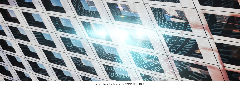 Spiral of shiny binary code against low angle close-up view of office building