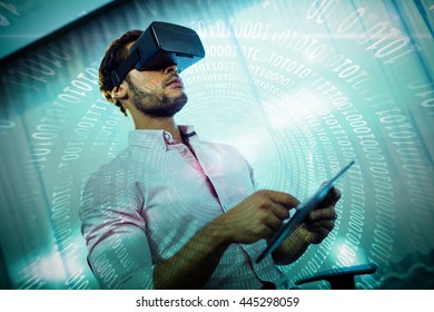 Spiral of shiny binary code against businessma