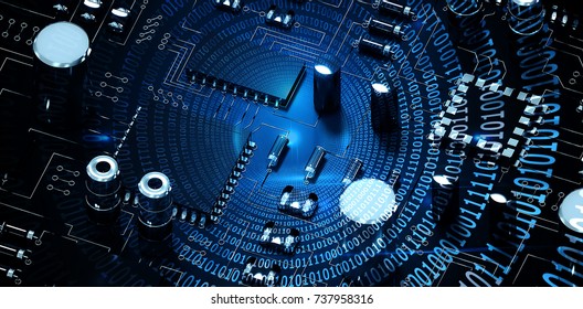 Spiral of shiny binary code against close up of circuit board