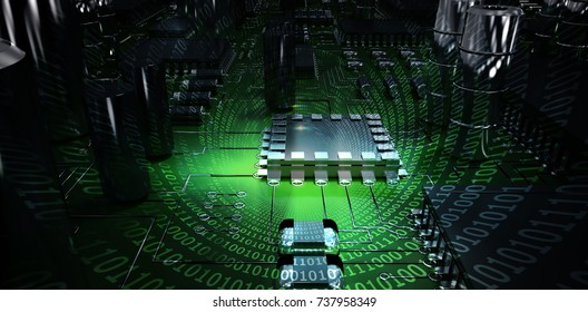 Spiral of shiny binary code against close up of circuit board