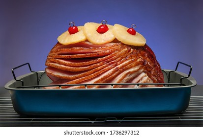 Spiral Sliced Ham For Holiday Dinner Blue Background