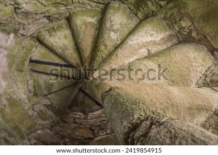 Spiral staircase in a historic castle ruin.