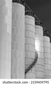 Spiral Staircase On Old Storage Tank. Industrial Background