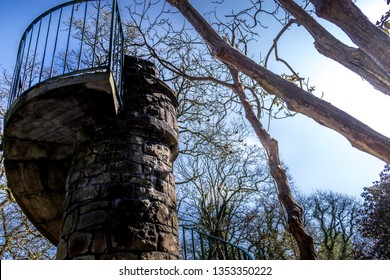 Spiral stone staircase in the forest with a bright sunlit sky - Powered by Shutterstock