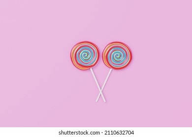 Spiral Sweet Lollipop Candy, Rainbow Twisted On Pastel Color Background.