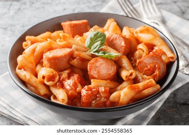 Spiral treccione pasta with smoked sausages in spicy tomato sauce close-up in bowl on table. Horizontal
 - Powered by Shutterstock