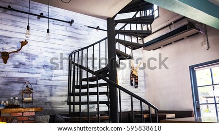 spiral wooden staircase circular staircase decoration interior.