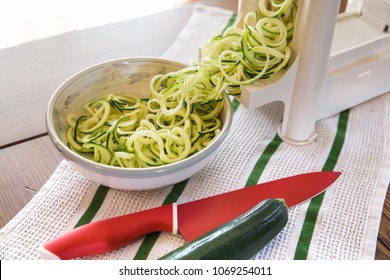 Spiral Zucchini Noodles Called Zoodles Prepared In Spiralizer Kitchen Gadget