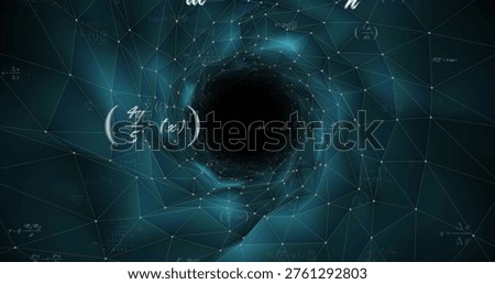 Spiraling central void pulling polygonal mesh inward in digital tunnel, with glowing nodes and math. Blackhole, singularity, lowpoly, faceted, geometric, cyan, teal
