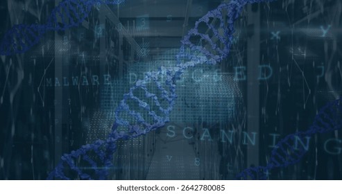 Spiraling double helix graphic weaving through data center corridor, with binary code overlays. Cybersecurity, digital, technology, data, encryption, networking, information - Powered by Shutterstock - Get 15% off with code: PIKWIZARD15