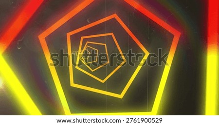 Spiraling neon pentagon frames receding into dark tunnel, showing yellow left and red right bands. Gradient, glow, bloom, chromatic, aberration, grain, rainbow