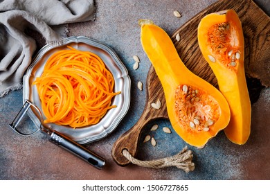 Spiralized Butternut Squash Spaghetti. Low Carb Vegetable Pasta Cooking