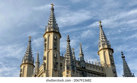 Spire of the Church in the medieval Gothic style. Gothic chapel. Top of the towers.
