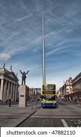 The Spire Of Dublin, Alternatively Titled The Monument Of Light. Famous Landmark In Dublin, Dublin Bus By GPO.  Nelson's Pillar On O'Connell Street In Dublin, Ireland. Dublin City Skyline Spire.