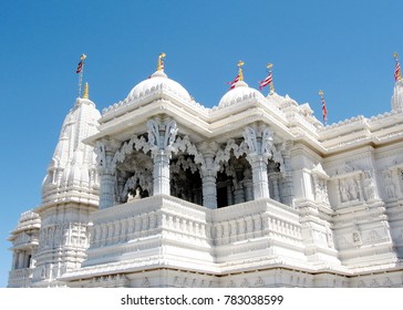 Spire And Flags In Hindu Temple Shri Swaminarayan Mandir In Toronto, Canada