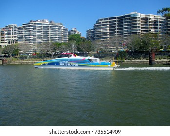 Spirit Of Brisbane City Cat Public Transportation On Brisbane River Queensland With West Bank In Background Circa 2015