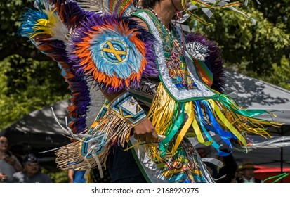 Spirit of the Drum Traditional and Educational Powwow, Smiths Falls, Ontario, Canada, 11-12 June 2022 - Details of Feather Dancer Regalia - Shutterstock ID 2168920975
