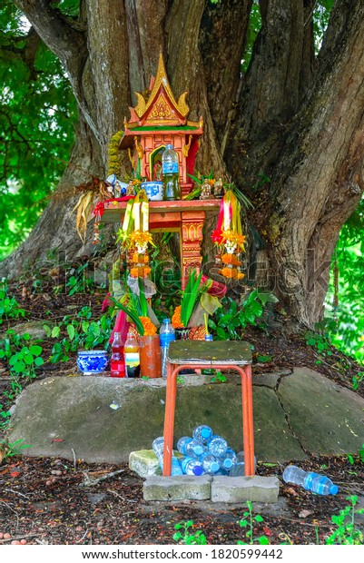 A spirit house on earth mound with a huge\
tree stands behind. Traditional Thai Miniature house built for a\
guardian spirit to reside. Food and drink are common offerings from\
Buddhists and worshipers.