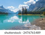 Spirit Island reflection and Maligne Lake, Jasper national park, Canada.