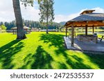 Spirit Lake, Idaho June 4 2023: Summer day view of the lakefront Fireside Park, gazebo and Picnic Area at Spirit Lake, a 1,534 acre lake in the small town of Spirit Lake, in the Coeur d
