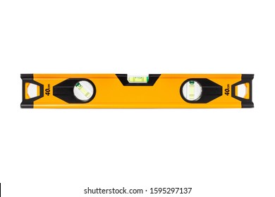 Spirit Level Close Up On White Background, Construction Bubble Level Yellow, Spirit Level Tool, Yellow Block Level With Bubble Isolated On White Background,