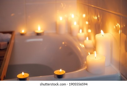 Spiritual Aura Cleansing Ritual Bath For Full Moon Ritual With Candles And Aroma Salt.