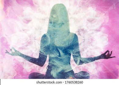 Spiritual Practice. Harmony Balance. Meditating Woman Silhouette In Pink Ethereal Smoke Double Exposition.