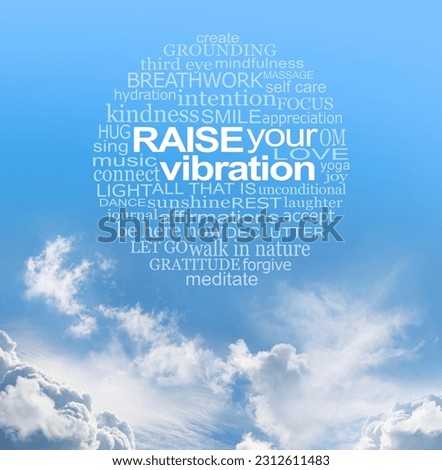 Spiritual Words to Inspire You and Raise Your Vibration Wall Art - blue sky with fluffy clouds and a perfect circular word cloud relevant to spirituality and raising your vibration
                  