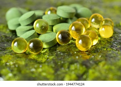 Spirulina And Milk Thistle Oil In Capsules. Useful Supplements.