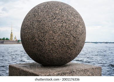 Spit Of Vasilyevsky Island And Neva River At Dawn With Granite Ball In Front, Saint Petersburg, Russia