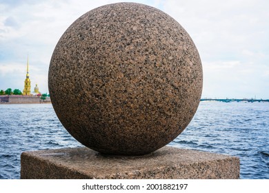 Spit Of Vasilyevsky Island And Neva River At Dawn With Granite Ball In Front, Saint Petersburg, Russia