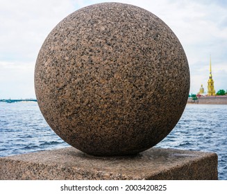 Spit Of Vasilyevsky Island And Neva River At Dawn With Granite Ball In Front, Saint Petersburg, Russia