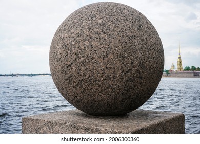 Spit Of Vasilyevsky Island And Neva River At Dawn With Granite Ball In Front, Saint Petersburg, Russia