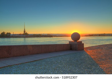 Spit Of Vasilyevsky Island And Neva River At Dawn With Granite Ball In Front Of Sunrise, Saint Petersburg, Russia
