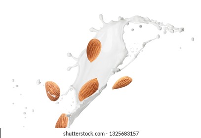 Splash of almond milk on white background
