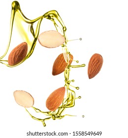 Splash Of Almond Oil And Nuts On White Background