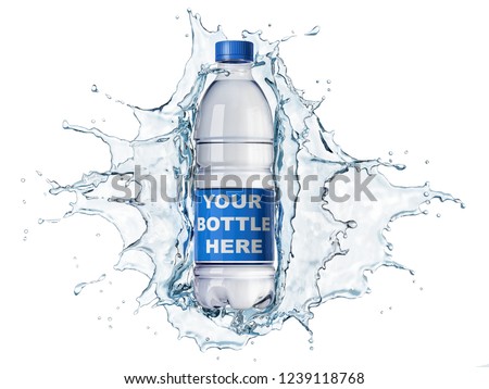splash of clear water with water bottle isolated on white background. The bottle can be clipped and replaced with your bottle.