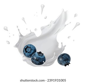 Splash and drops yogurt, milk, ice cream from falling ripe blueberries, blueberries isolated - Powered by Shutterstock