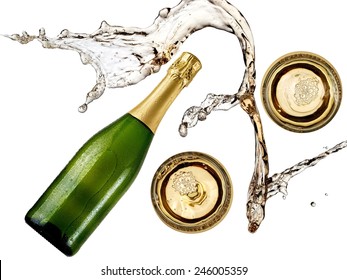 Splash over champagne bottle and two glasses